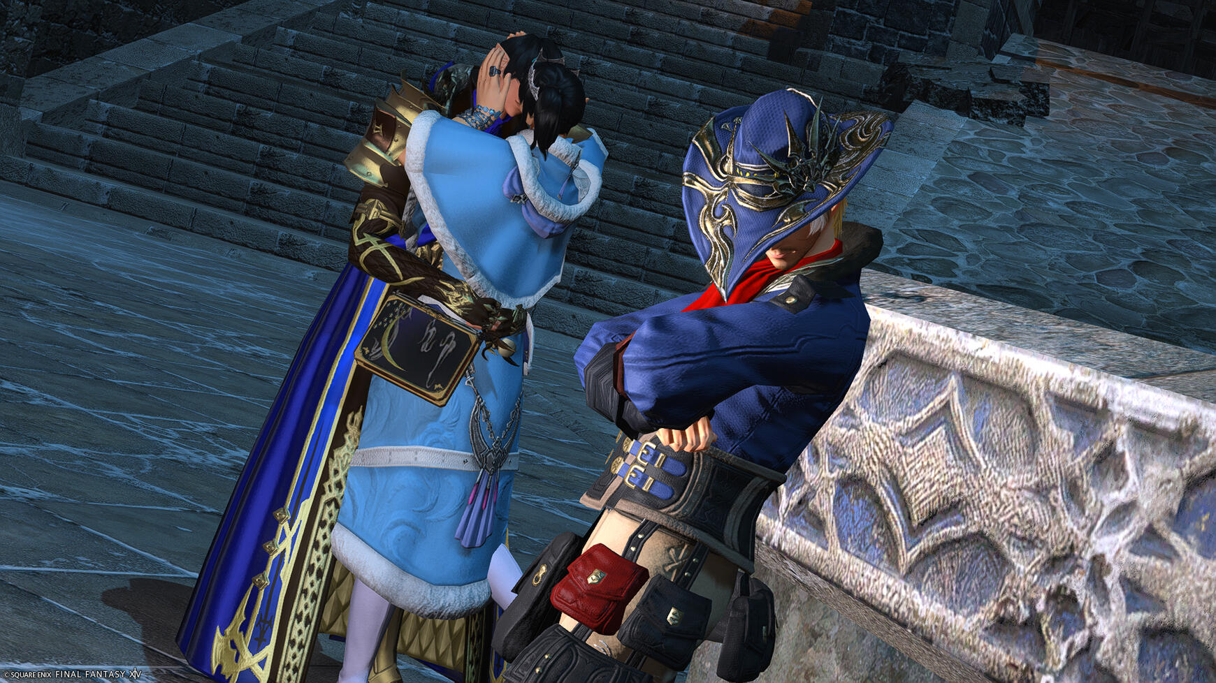 Lucan leaning against a wall in Ishgard while Applesauce kisses Ser Aymeric in the background.