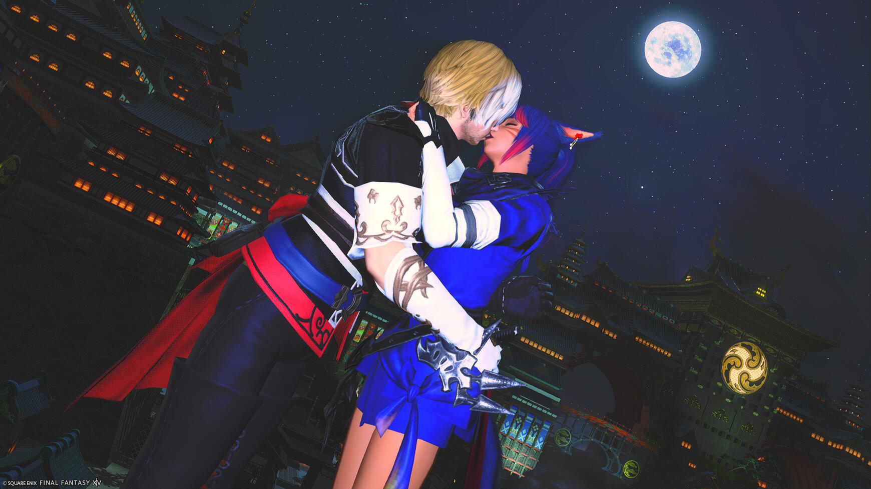 Lucan reunited with Ko’shari after 8 years apart, kissing atop a roof in Kugane.