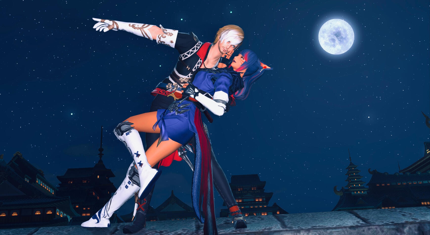 Lucan reunited with Ko’shari after 8 years apart, kissing atop a roof in Kugane.